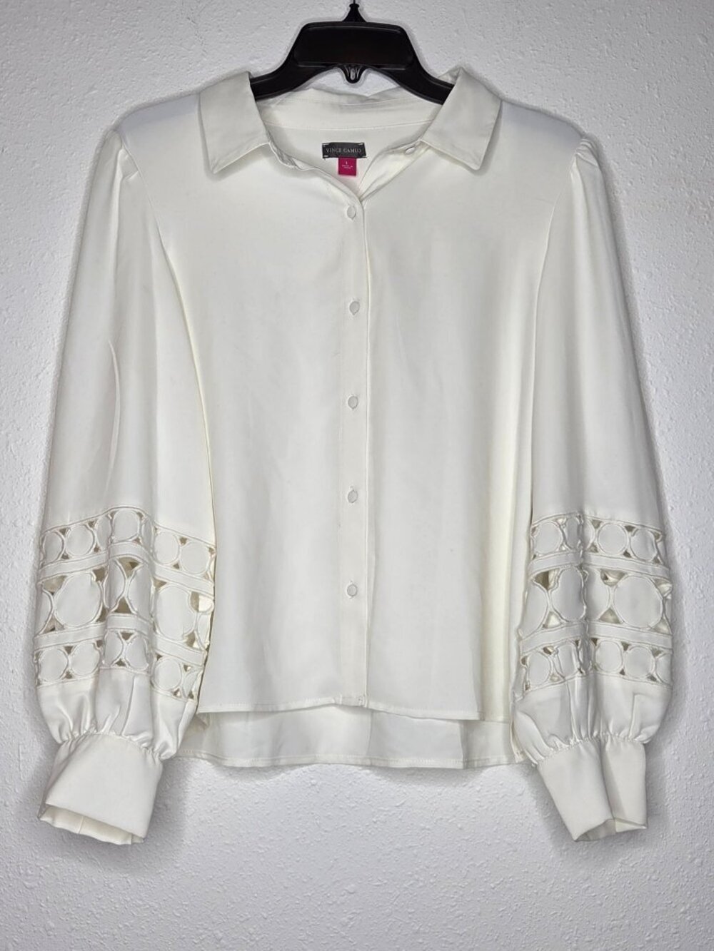 Vince Camuto Embroidered-Inset Blouson-Sleeve Button-Front Top - New Ivory
